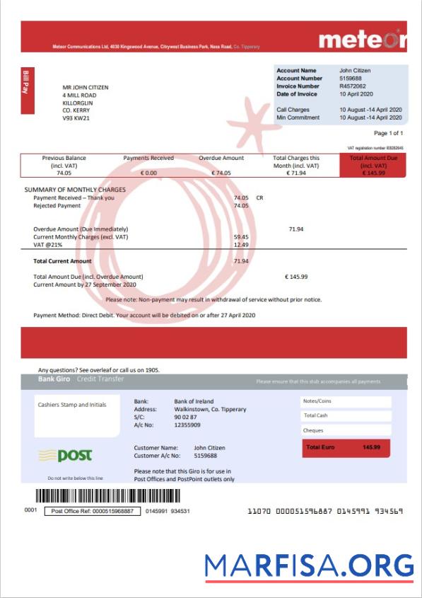 Realistic Ireland Meteor utility bill template in Word and PDF format